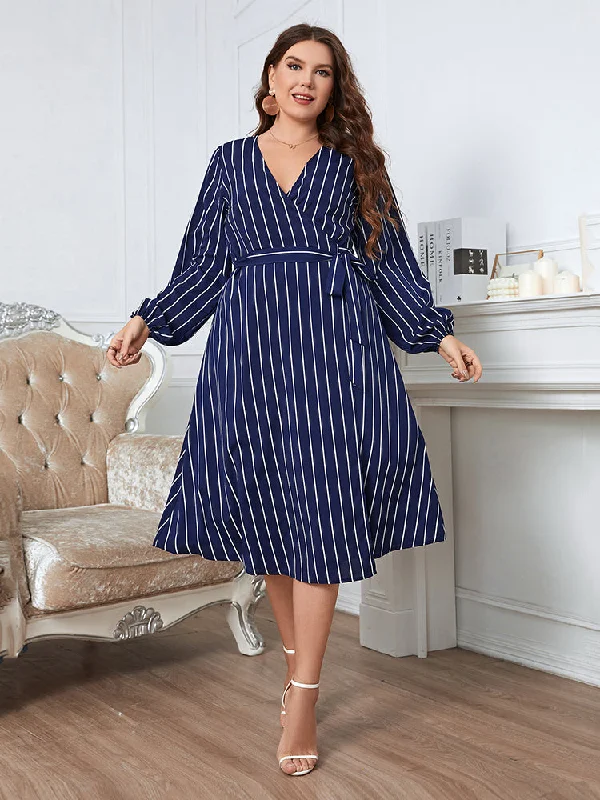 Plus Blue Striped Crisscross Wrap Midi Dress Best midi dresses for plus size