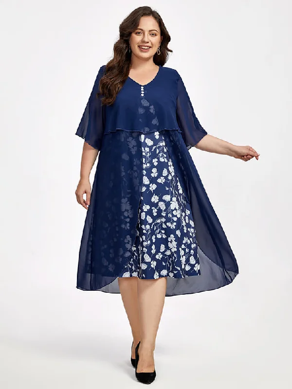 Plus Floral Patchwork Flutter Sleeve Round Neck 2 In 1 Midi Dress