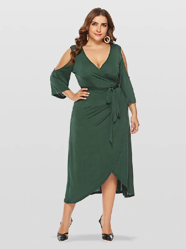 Plus Green V-Neck Cold Shoulder Wrap Ditsy Midi Dress Expensive midi dresses