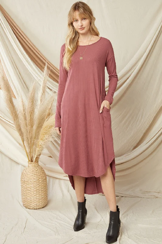 Ribbed Pocket Midi Dress, Marsala