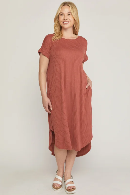 Ribbed Pocket Midi Dress, Terra Cotta