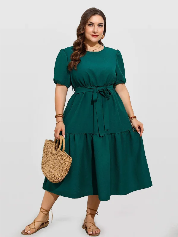 Solid Round Neck Ruffle Trim Belted Midi Dress