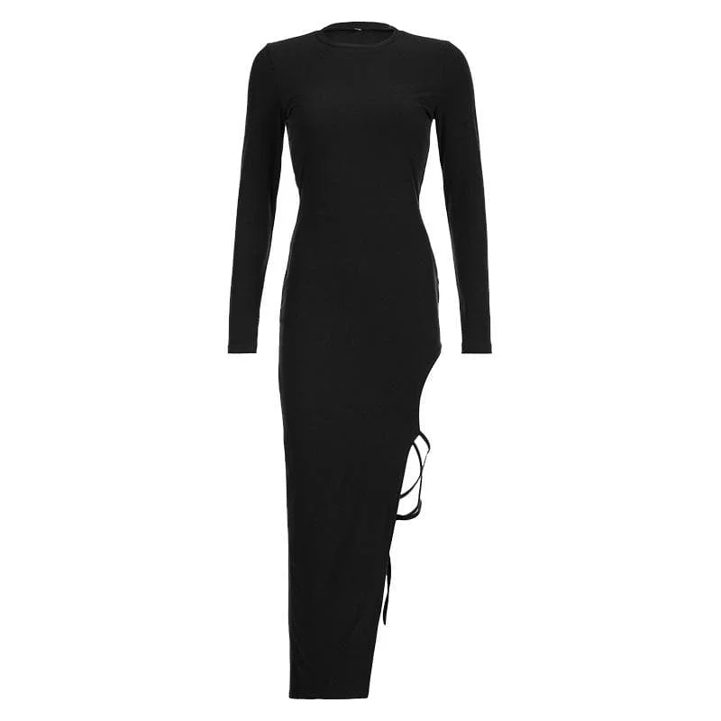 Self tie irregular long sleeve slit crewneck solid midi dress Fashion Nova midi dresses