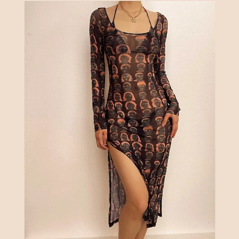 Sheer mesh see through contrast print halter long sleeve slit 2 piece midi dress- Final Sale Spring midi dresses