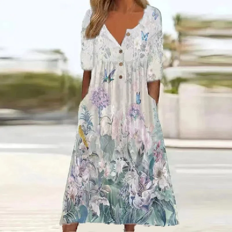 Short Sleeve White Floral Midi Dress Fashion-forward midi dresses