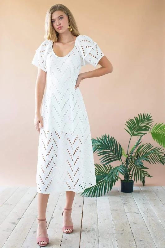 Sue Ellen Lantern Sleeve Midi Dress - White Nights Geo Cutwork Lace