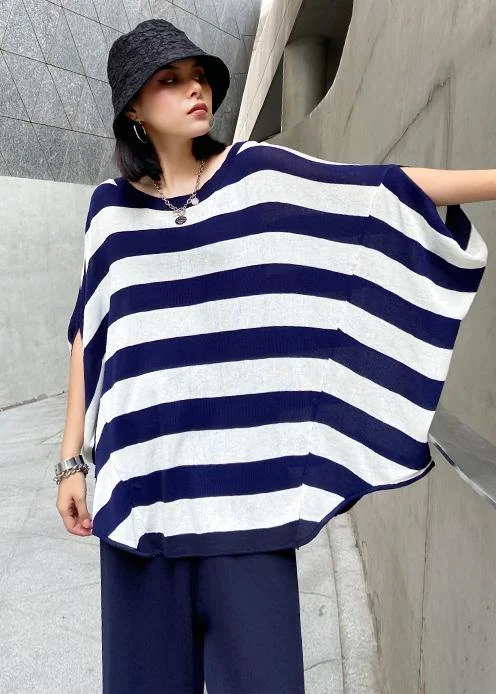 Summer casual fashion age reduction large size striped bat sleeve T-shirt + wide leg pants two-piece suit