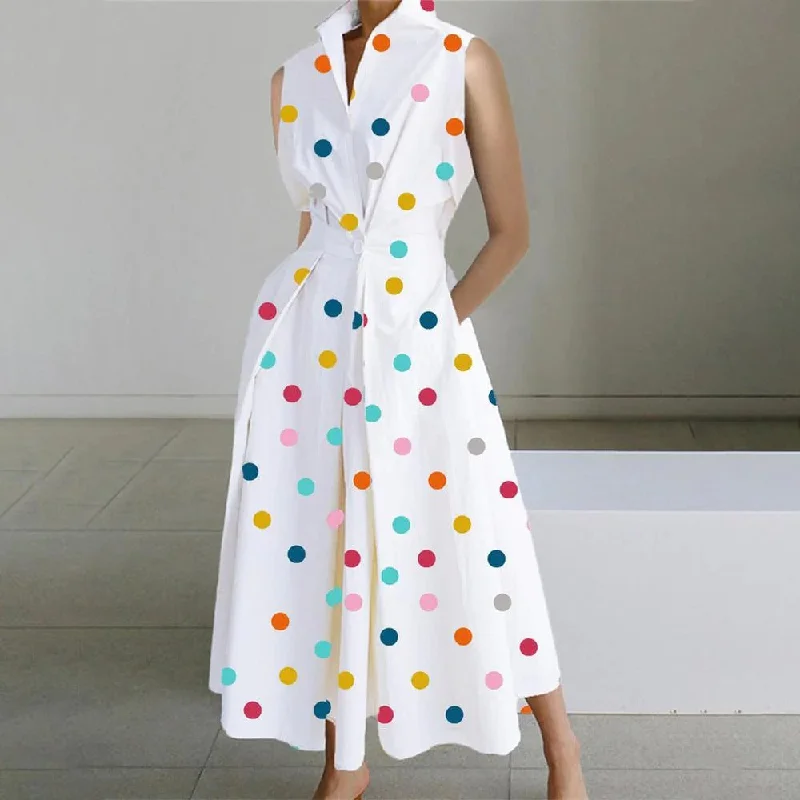 White Colorful Polka Dot Retro Sleeveless Midi Dress Best midi dresses for elegant looks