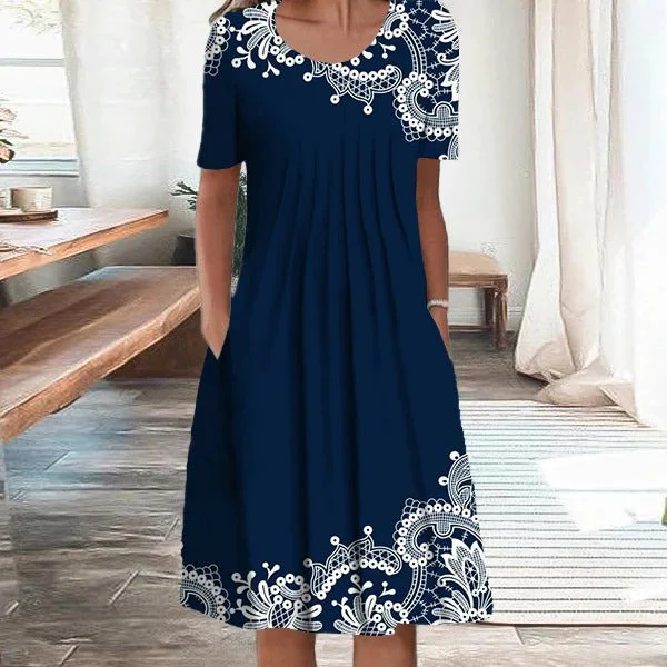 White Lace Floral Garden Print Blue Shift Midi Dress Beach midi dresses