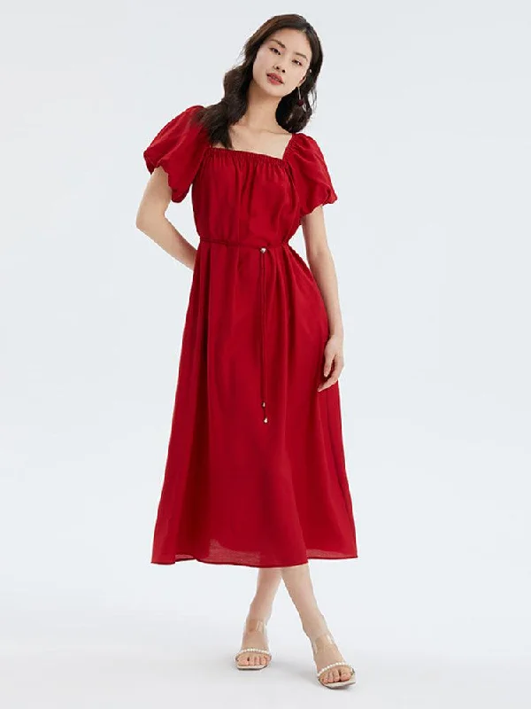 Red Acetate Off Shoulder Long Dress With Strap