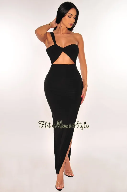 Black One Shoulder Cut Out Slit Maxi Dress Shein maxi dresses