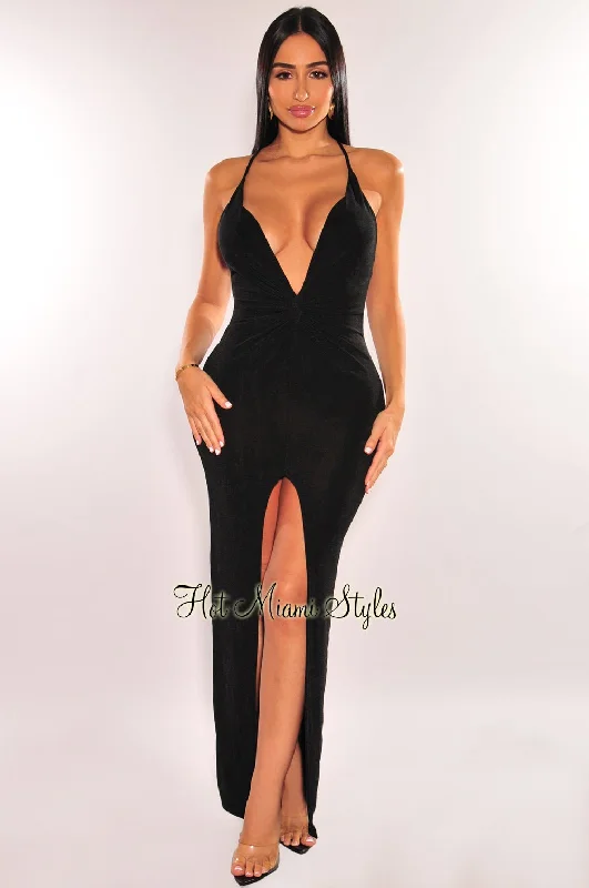 Black Plunge Knotted Criss Cross Back Slit Maxi Dress Halter maxi dresses