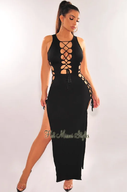 Black Sleeveless Lace Up Sides Double Slit Maxi Dress Comfortable maxi dresses for everyday wear