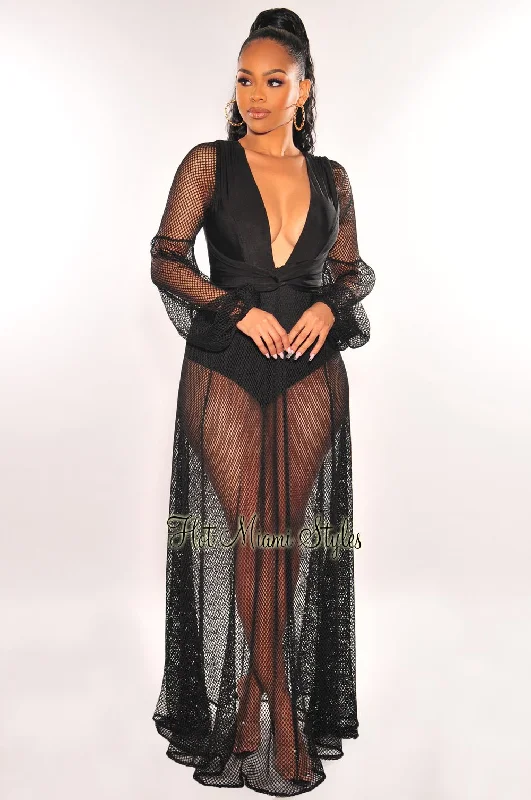 Black V Neck Fishnet Long Sleeve Maxi Dress Sequin maxi dresses