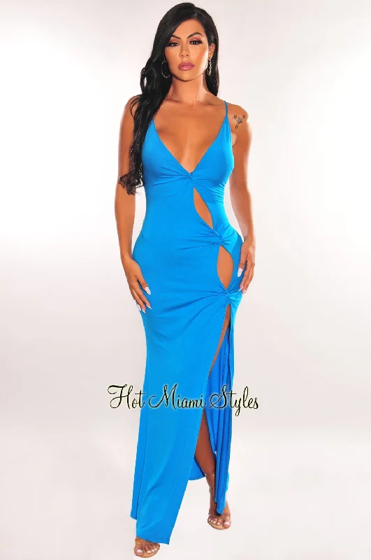 Blue Spaghetti Straps Knotted Cut Out Slit Maxi Dress Chiffon maxi dresses