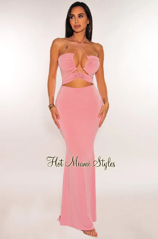 Blush Halter Keyhole Drawstring Cut Out Maxi Dress Formal maxi dresses