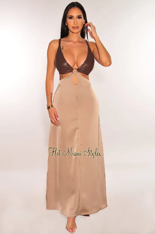 Chocolate Faux Leather Latte Silk Sleeveless O-Ring Cut Out Maxi Dress Expensive maxi dresses