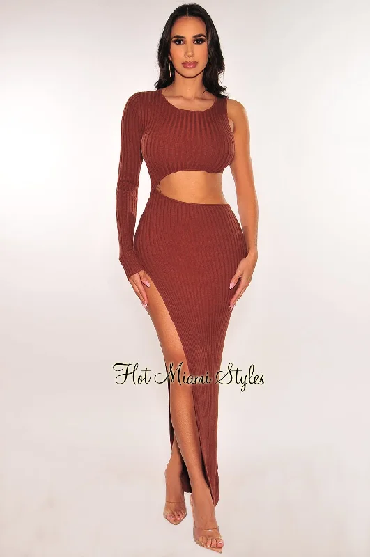 Chocolate Ribbed Knit One Sleeve Cut Out Slit Maxi Dress Festival maxi dresses