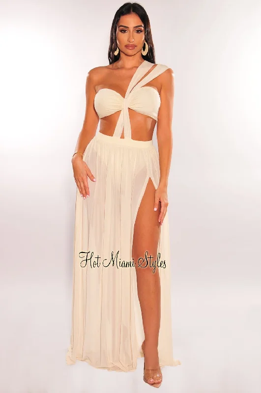 Cream One Shoulder Cut Out Strappy Slit Maxi Dress Party maxi dresses