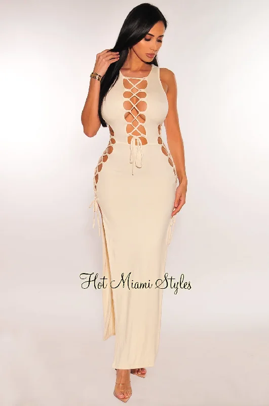 Cream Sleeveless Lace Up Sides Double Slit Maxi Dress Fashion-forward maxi dresses