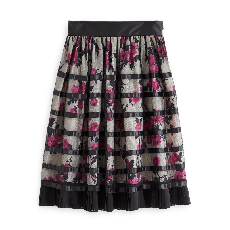 J. Peterman Women's Floral Ribbon Skirt In Black & Pink Short unclassified skirts