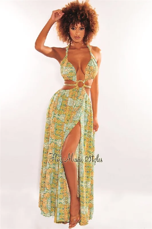 Green Print O-Ring Cut Out Gold Belted Double Slit Maxi Dress Y2K maxi dresses