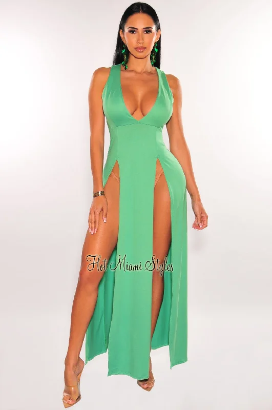 Green Sleeveless V Neck Double Slit Cover Up Maxi Dress Discounted maxi dresses