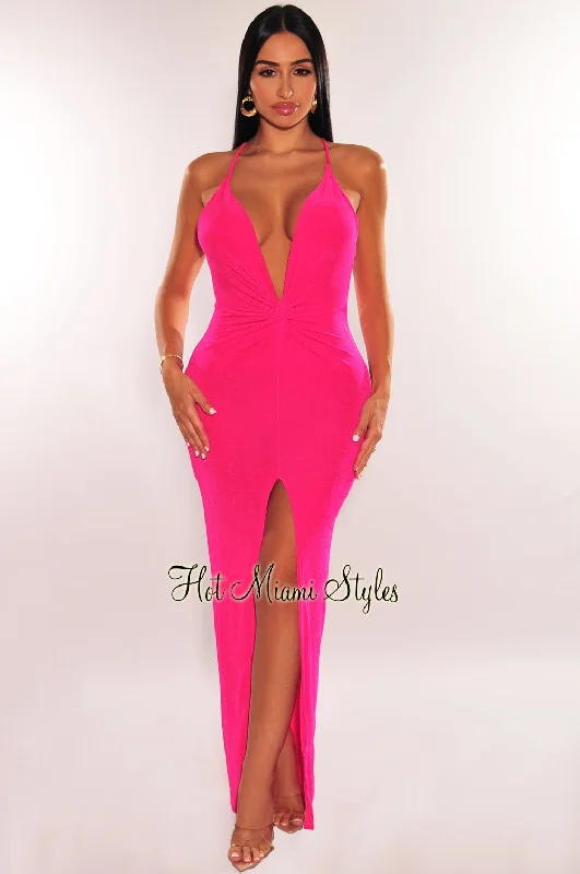 Hot Pink Plunge Knotted Criss Cross Back Slit Maxi Dress Summer party maxi dresses