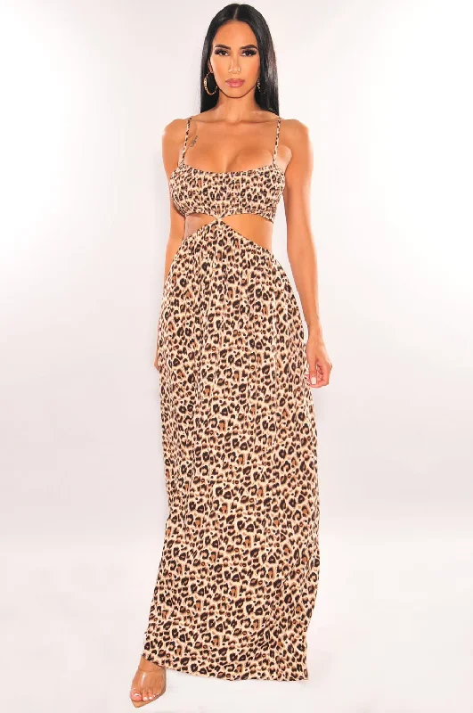 Leopard Print Spaghetti Straps Smocked Cut Out Maxi Dress Velvet maxi dresses