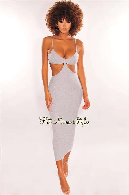 Light Gray Spaghetti Straps Cut Out Maxi Dress