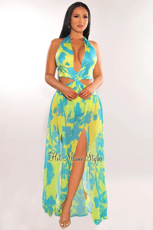 Lime Blue Halter Tie Up Cut Out Double Slit Maxi Dress Cotton maxi dresses