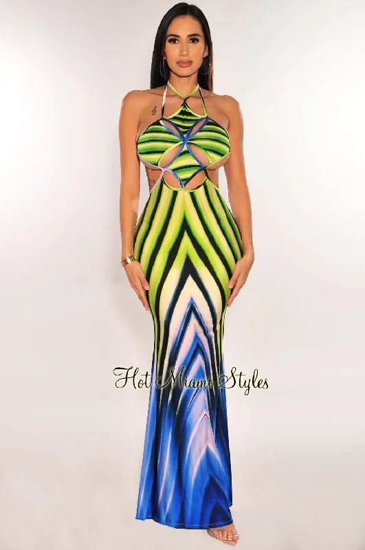 Lime Green Blue Print Halter Cut Out Tie Up Back Maxi Dress Trendy maxi dresses under $50