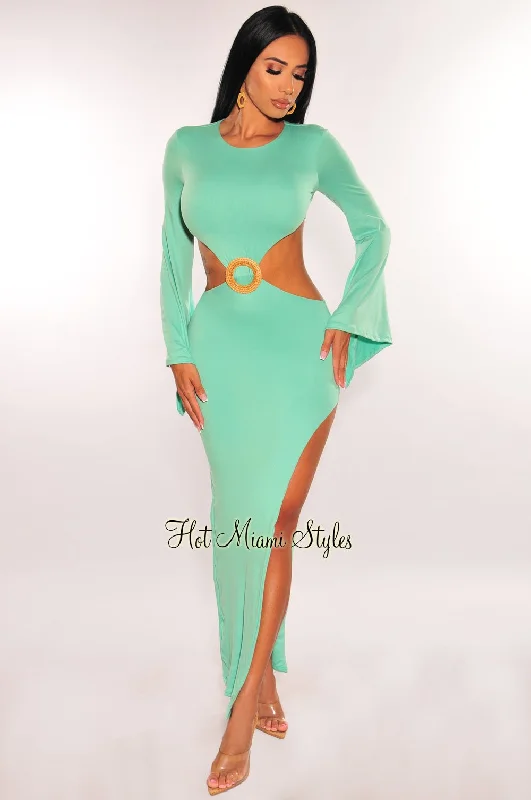 Mint Bell Long Sleeves Cut Out Ring Slit Maxi Dress Fall maxi dresses