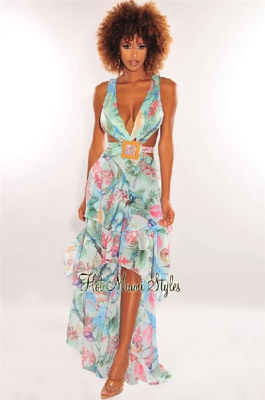 Mint Multi Color Print Cut Out Lace Up Back Belted Slit Maxi Dress Minimalist maxi dresses