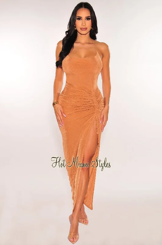 Mocha Ribbed Shimmery Halter Drawstring Slit Maxi Dress Flattering maxi dresses for all body types