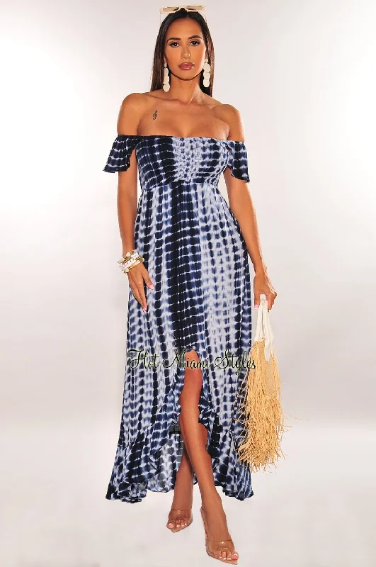 Navy Tie Dye Off Shoulder Smocked Ruffle Maxi Dress Silk maxi dresses