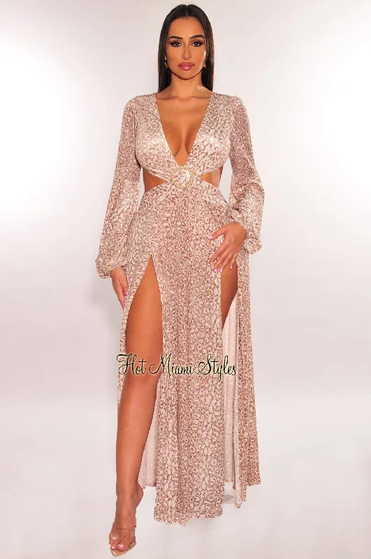 Nude Leopard Print Pearl O-Ring Cut Out Long Sleeves Double Slit Maxi Dress Boho maxi dresses