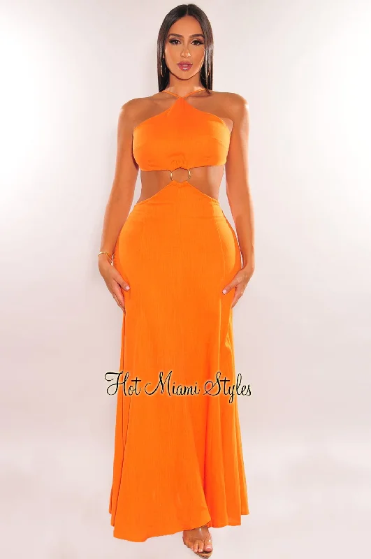 Orange Linen Halter O-Ring Cut Out Maxi Dress Strapless maxi dresses