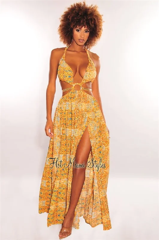 Orange Print O-Ring Cut Out Gold Belted Double Slit Maxi Dress Chic maxi dresses