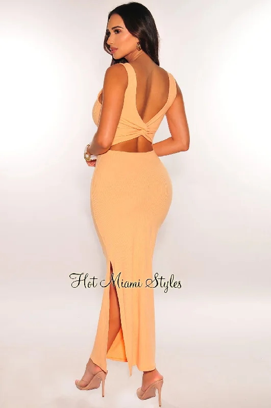 Peach Ribbed Cut Out Knotted Back Maxi Dress Bodycon maxi dresses