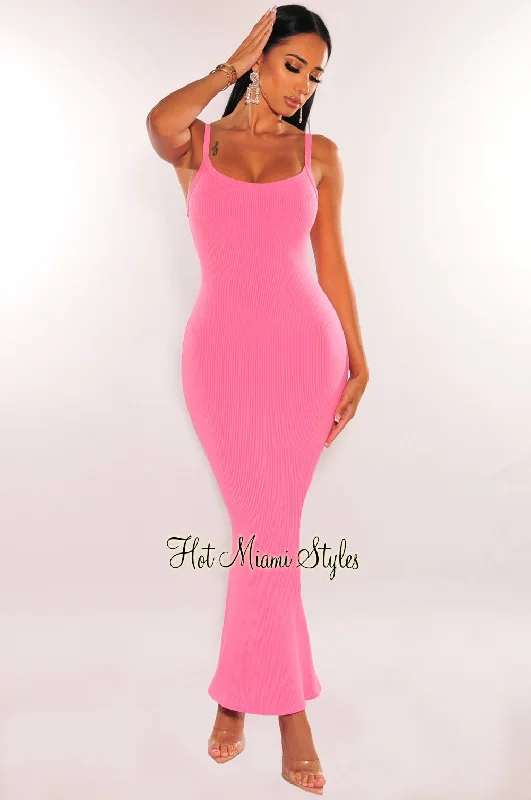 Pink Ribbed Spaghetti Straps Flare Mermaid Maxi Dress A-line maxi dresses