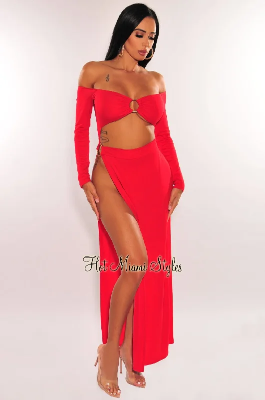 Red Off Shoulder O-Ring Cut Out Long Sleeves Slit Maxi Dress Luxury maxi dresses