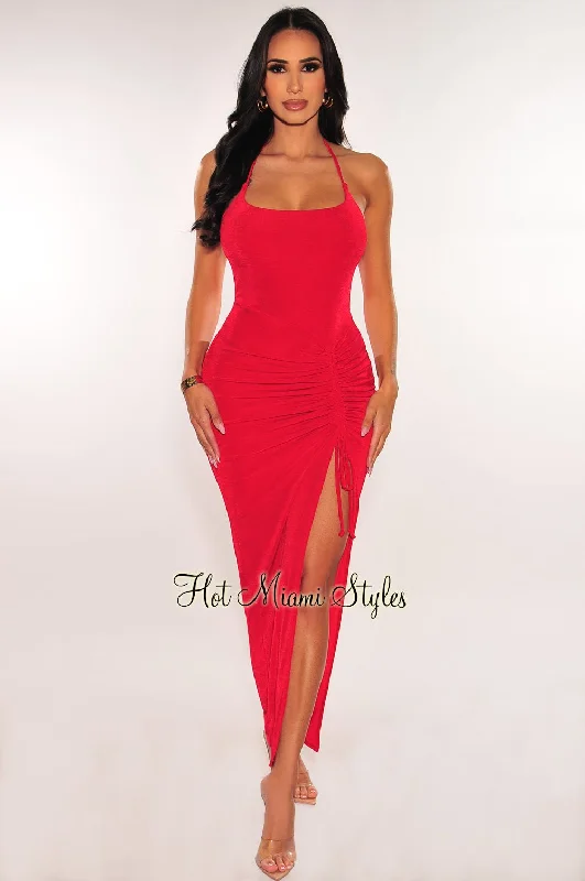 Red Ribbed Shimmery Halter Drawstring Slit Maxi Dress Hot new arrivals in maxi dresses