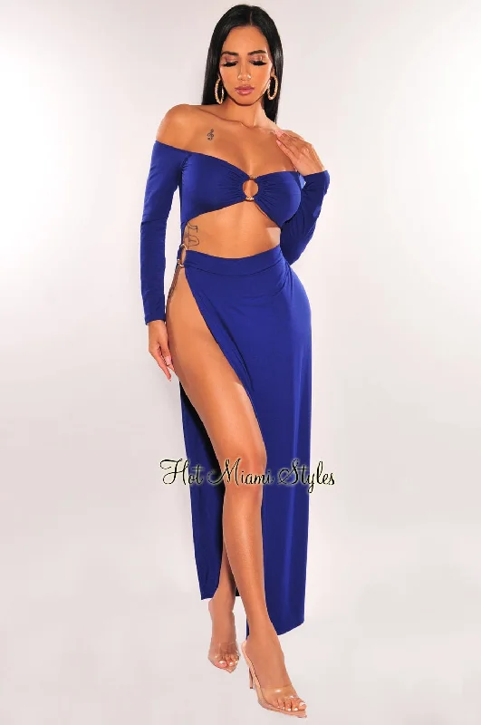 Royal Blue Off Shoulder O-Ring Cut Out Long Sleeves Slit Maxi Dress Designer maxi dresses