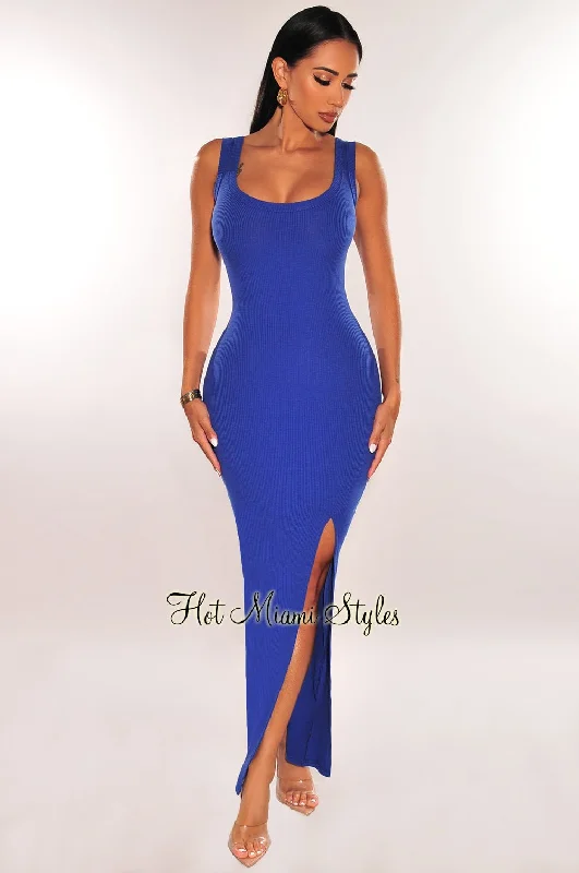 Royal Blue Ribbed Sleeveless Round Neck Slit Maxi Dress Preppy maxi dresses