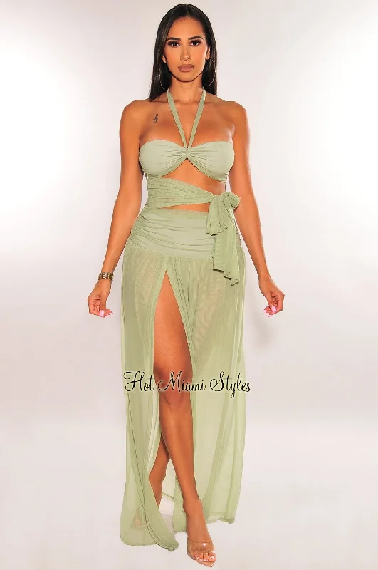 Sage Mesh Halter Cut Out Tie Up Slit Maxi Dress Fashion Nova maxi dresses