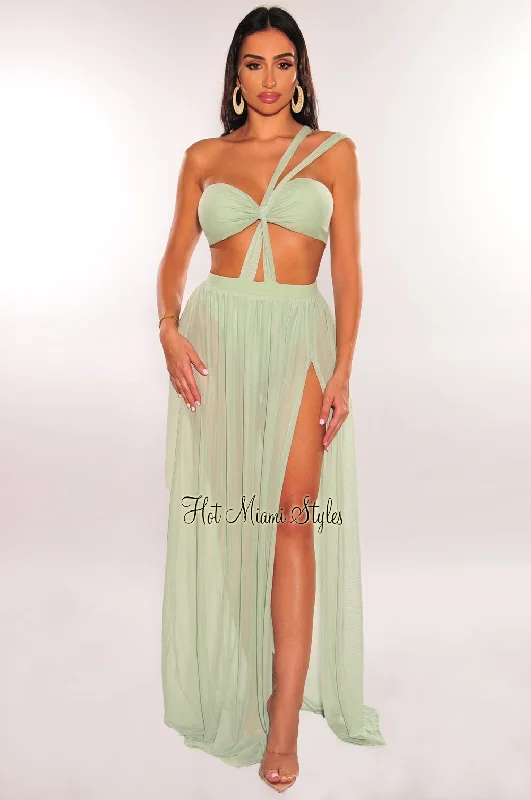 Sage One Shoulder Cut Out Strappy Slit Maxi Dress Casual maxi dresses