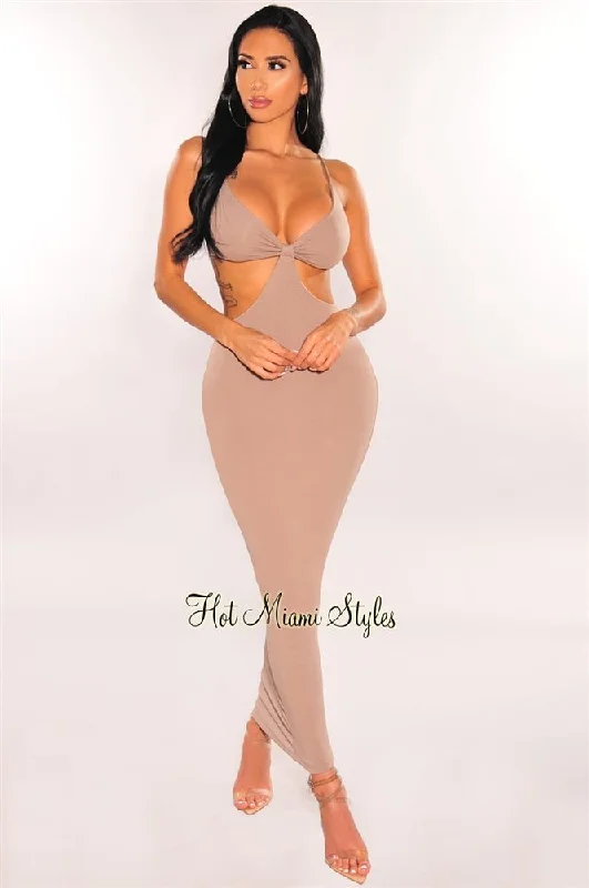 Taupe Spaghetti Straps Knotted Cut Out Maxi Dress Holiday maxi dresses