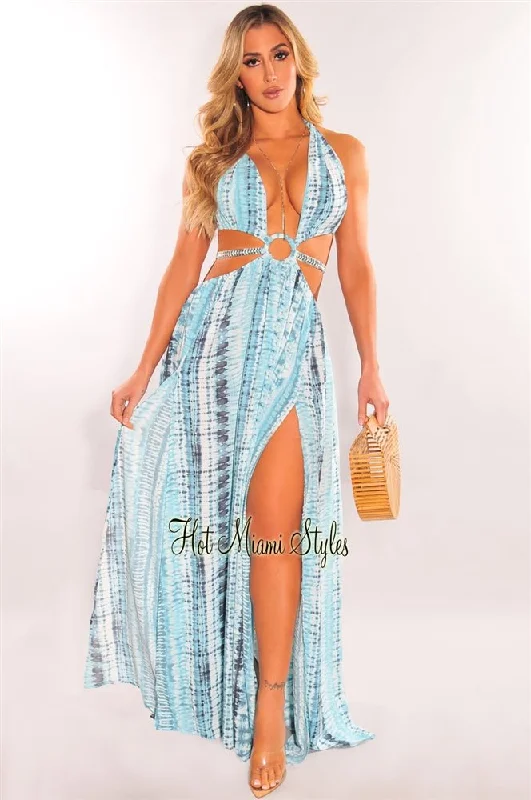 Teal Tie Dye O-Ring Cut Out Silver Belted Double Slit Maxi Dress Street style maxi dresses