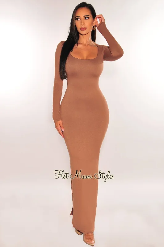 Toffee Round Neck Long Sleeve Maxi Dress Minimalist maxi dresses